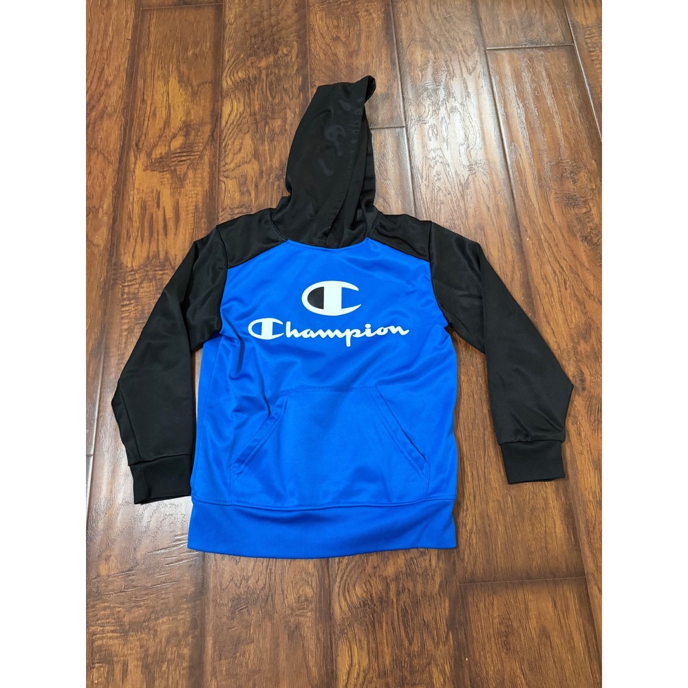 Champion Hoodie Kids Size 7/8 Blue Black Excellent Colorblock Athletic CHS803